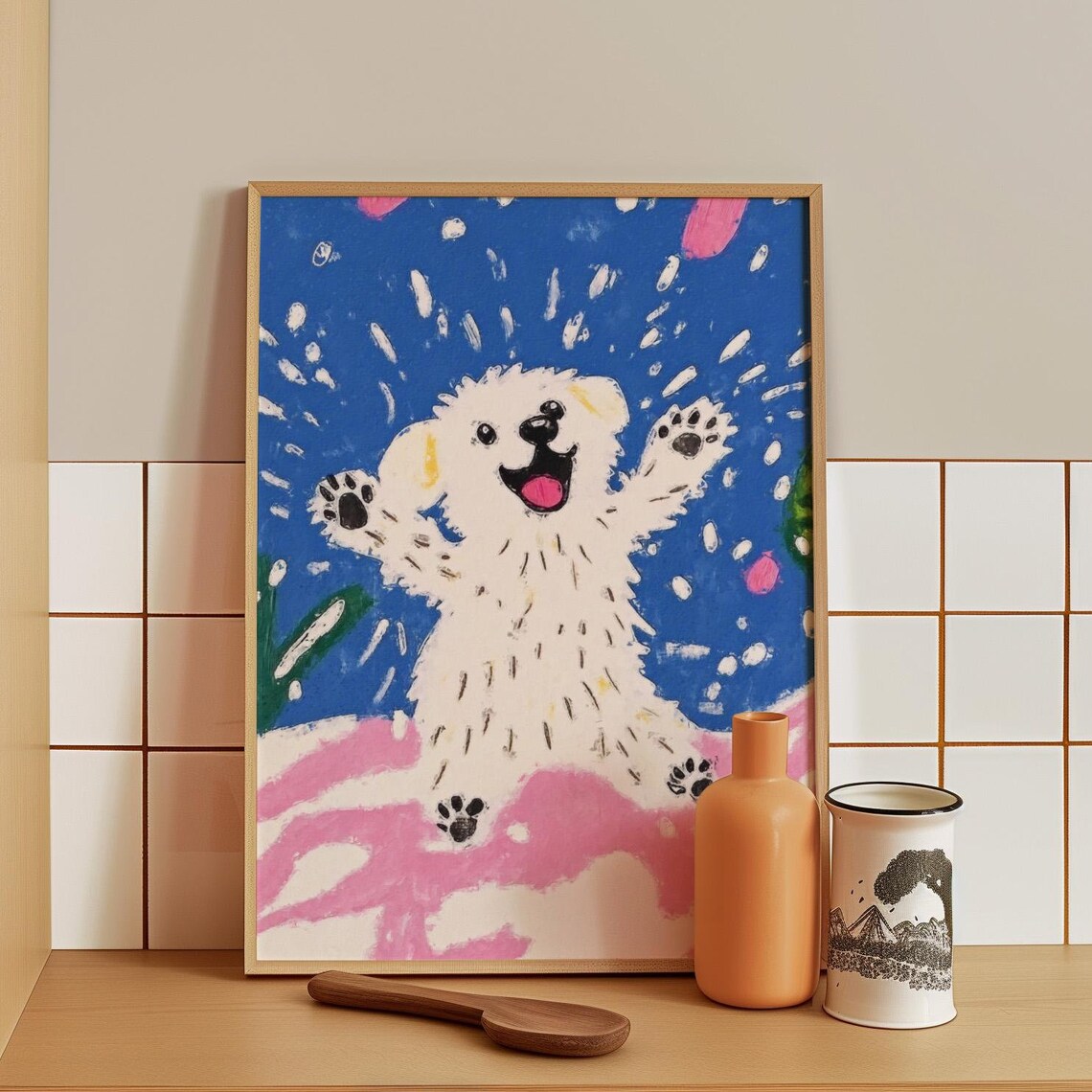 Excited White Puppy Jumping Joyfully In Pink And Blue Snow Poster