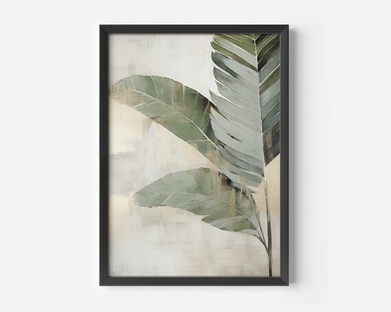 Tropical Living Room Decor Botanical Art Leaves Monstera Palm Print Green Beige Elegant Wall Modern Dining Office
