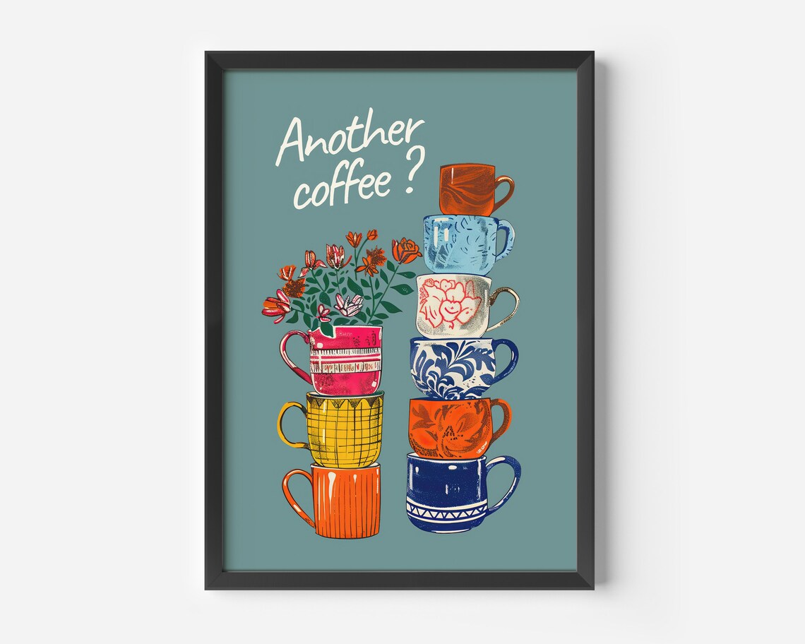 Colorful Coffee Cups Lover Art Print, Kitchen Decor