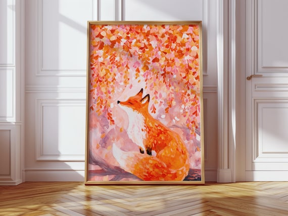 Orange Fox Autumn Leaves Fall Forest Boho Watercolor Animal Poster