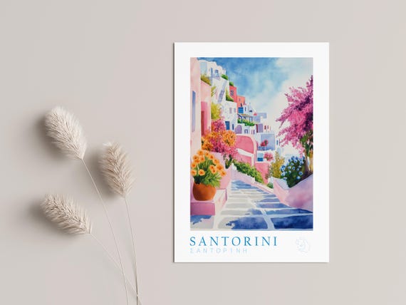 Santorini Poster Greece Art Watercolor Island Motif In Pink Blue Mediterranean Cyclades Wall Summery Cityscape