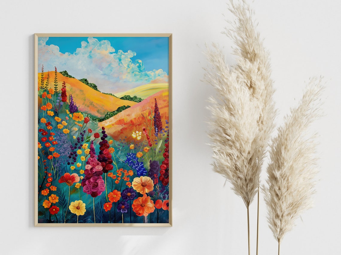 Colorful Wildflower Meadow Golden Hills Vibrant Nature Art Print