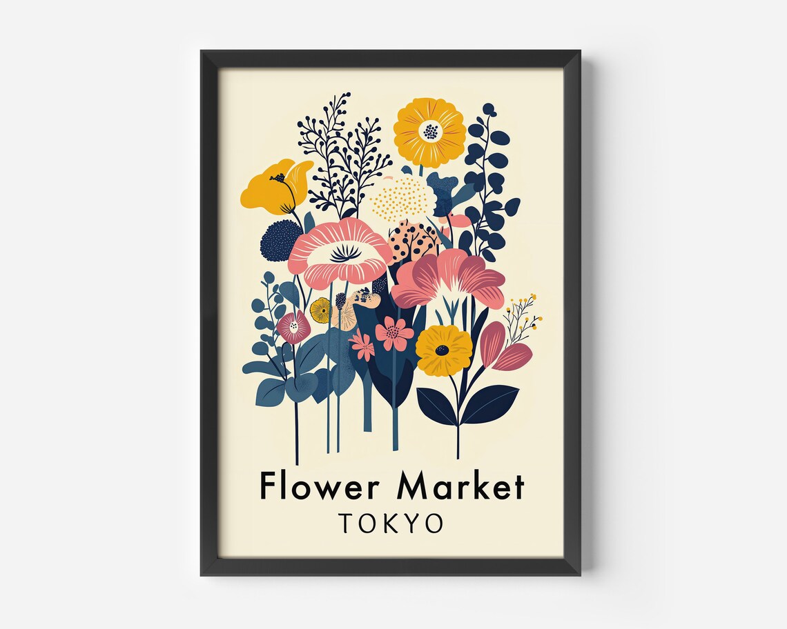 Flower Market Tokyo Retro Botanical Floral Illustration Wall Art