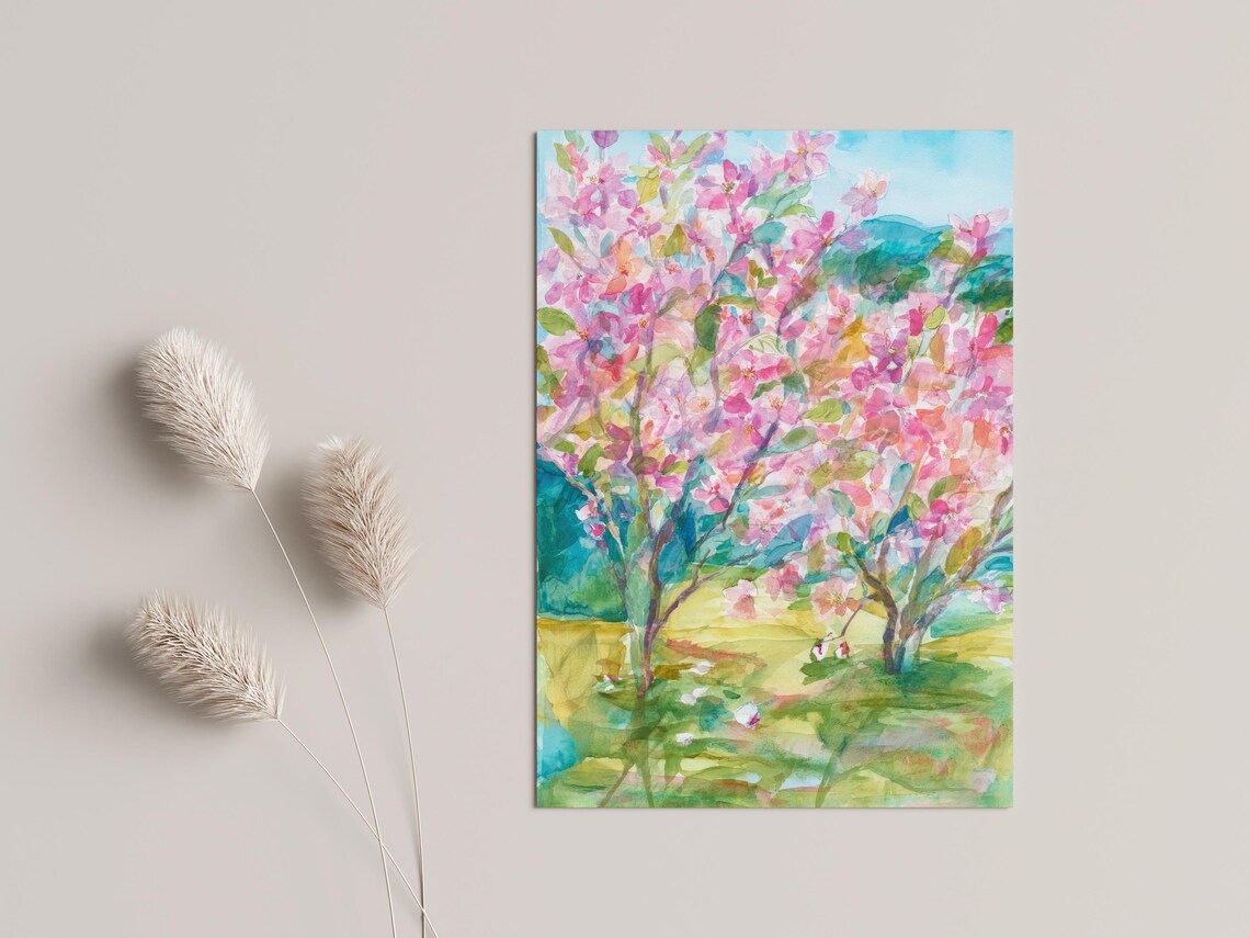 Spring Watercolor Pink Blossom Trees Garden Colorful Floral Art Print