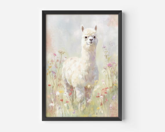 Living Room Wall Art Pastel Animal Poster Alpaca Floral Illustration Natural Look Boho Style Print Hallway Nursery Gift