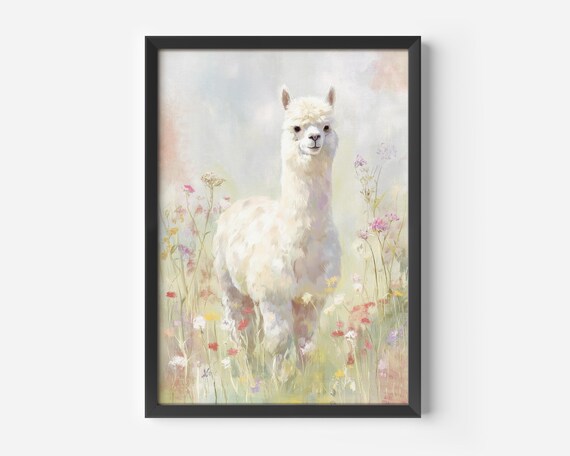 White Alpaca Wildflower Meadow Pastel Watercolor Cute Animal Poster