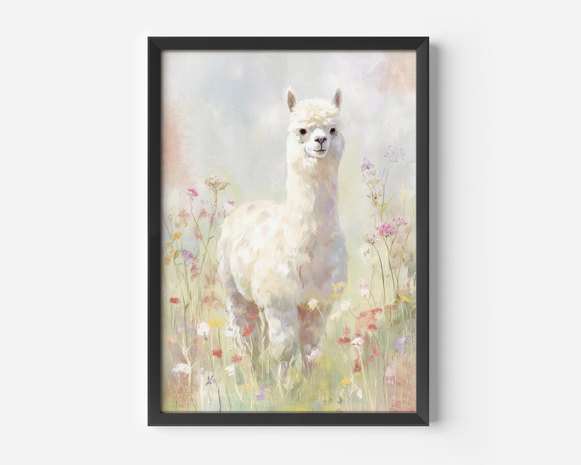 White Alpaca Wildflower Meadow Pastel Watercolor Cute Animal Poster