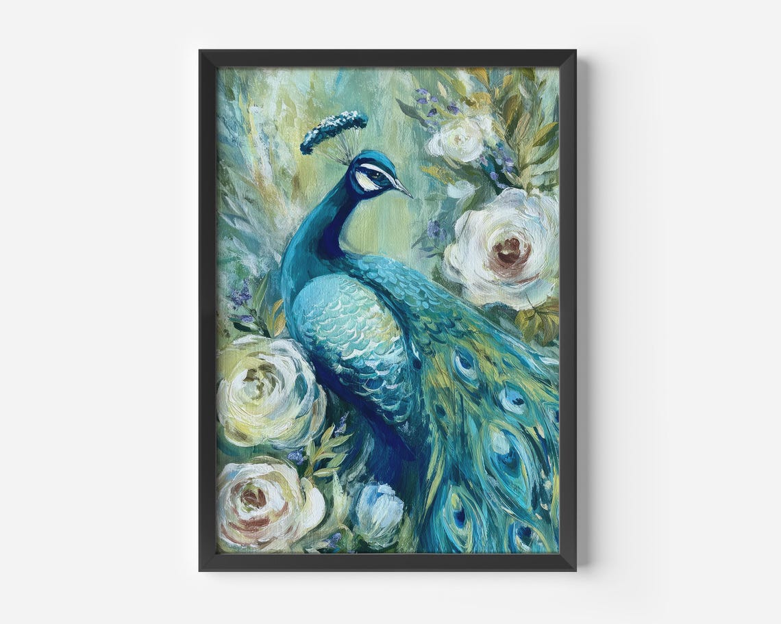 Teal Peacock With White Roses Painted Botanical Garden Poster