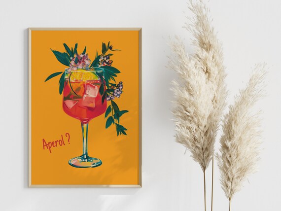 Living Room Bar Poster Retro Cocktail Art Aperol Illustration Yellow Red Summery Kitchen Dining Decor Colorful Design