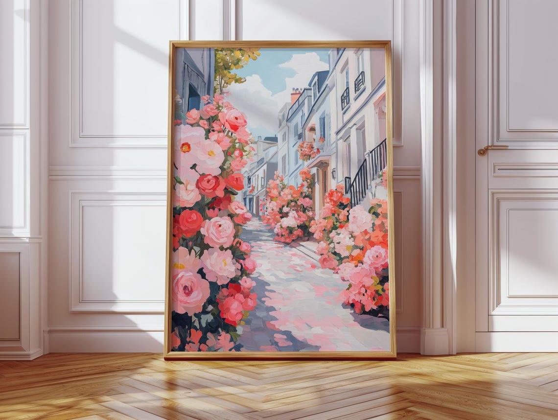 Paris Street Lined With Pink Flowers Romantic Floral City Wall Art