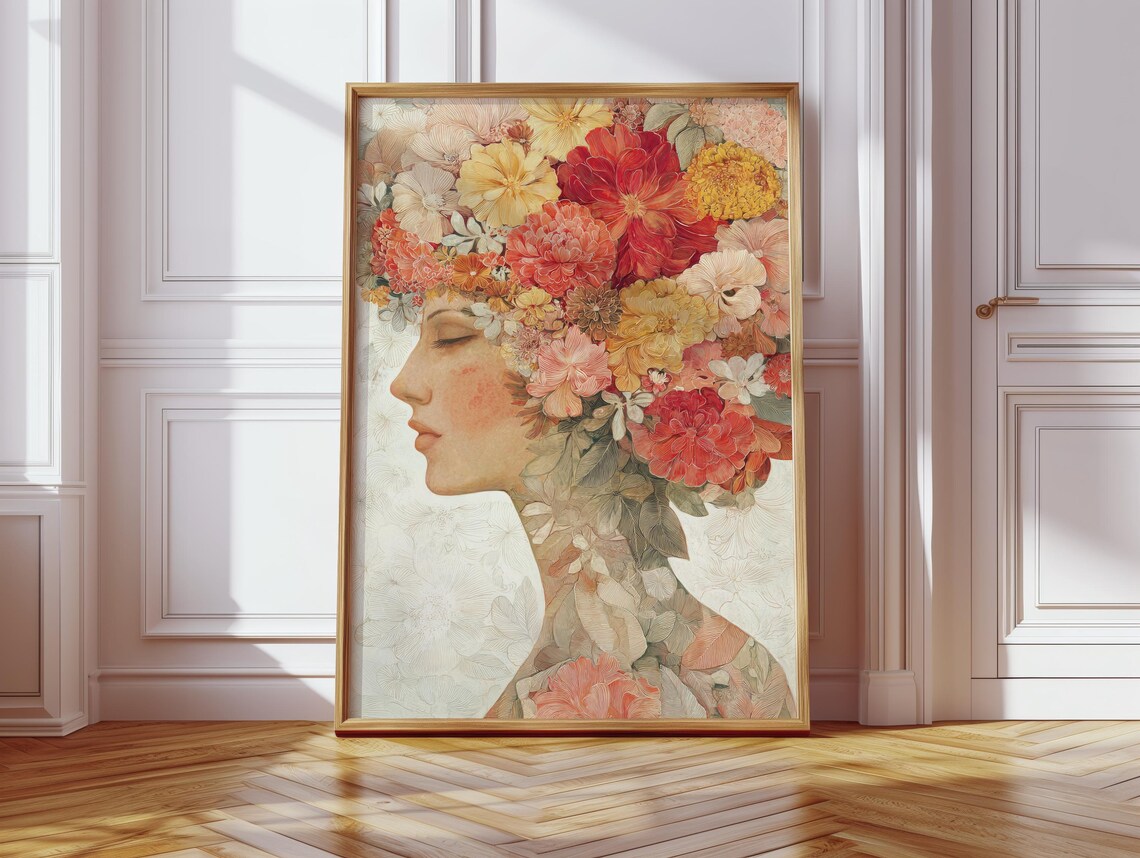 Vintage Floral Woman Profile Blossom Portrait Romantic Wall Poster