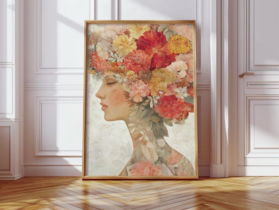 Living Room Elegance Vintage Flower Woman Illustration Retro Floral Art Print Design Warm Colors Poster Wall Decoration Bedroom Hallway
