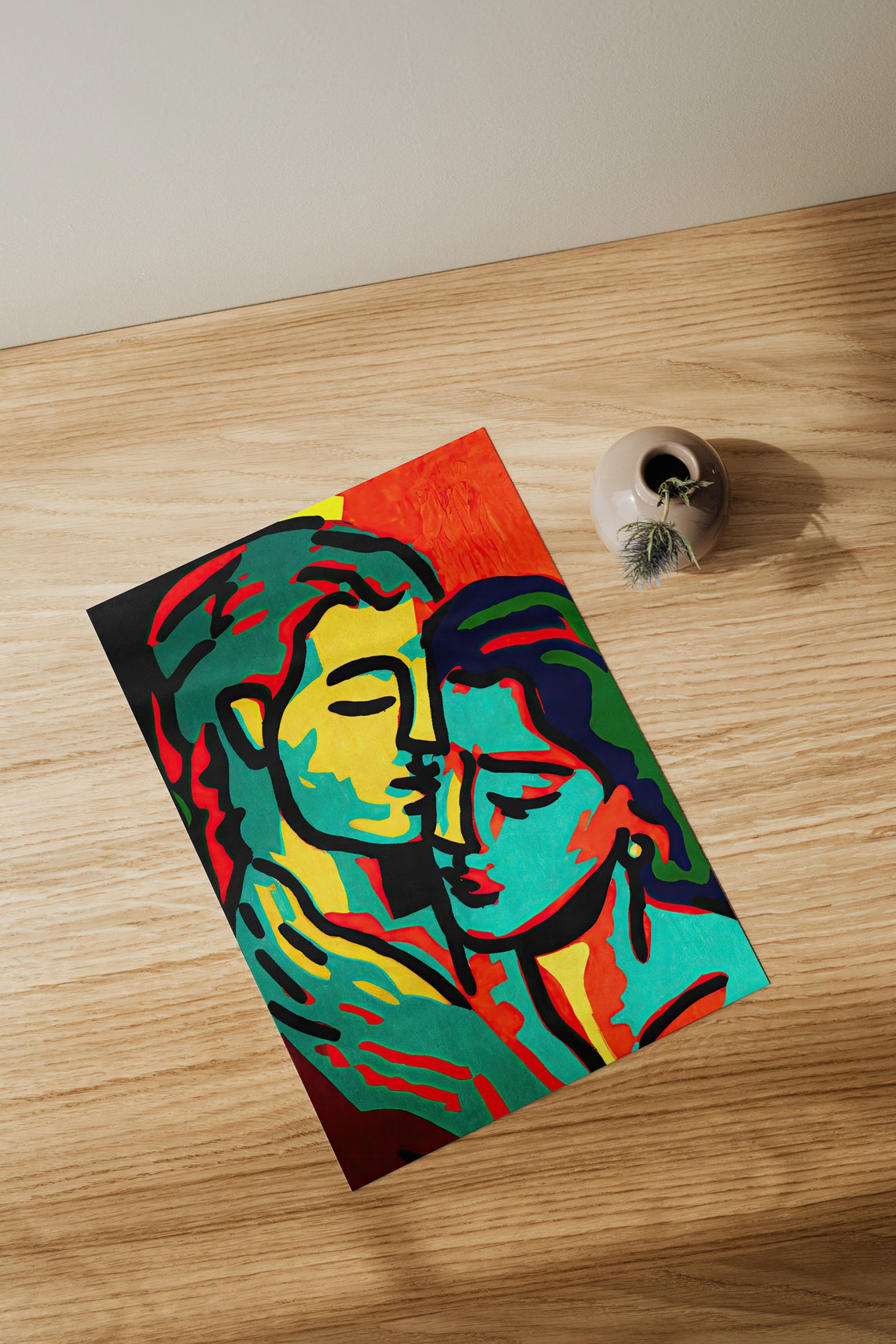 Colorful Pop Art Romantic Couple Embrace Modern Love Art Poster