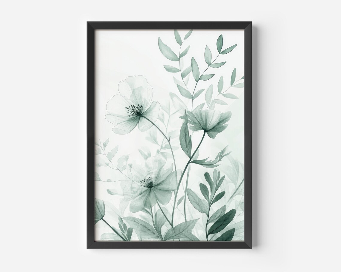 Delicate Green Botanical Watercolor Wildflowers Minimalist Poster