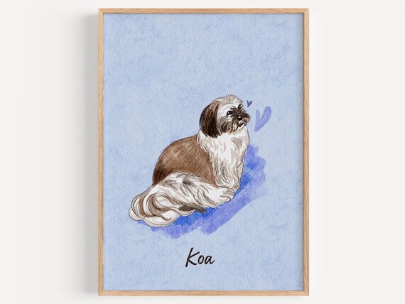 Koa the Shih Tzu Watercolor Custom Pet Portrait Small Dog Blue Wall Art