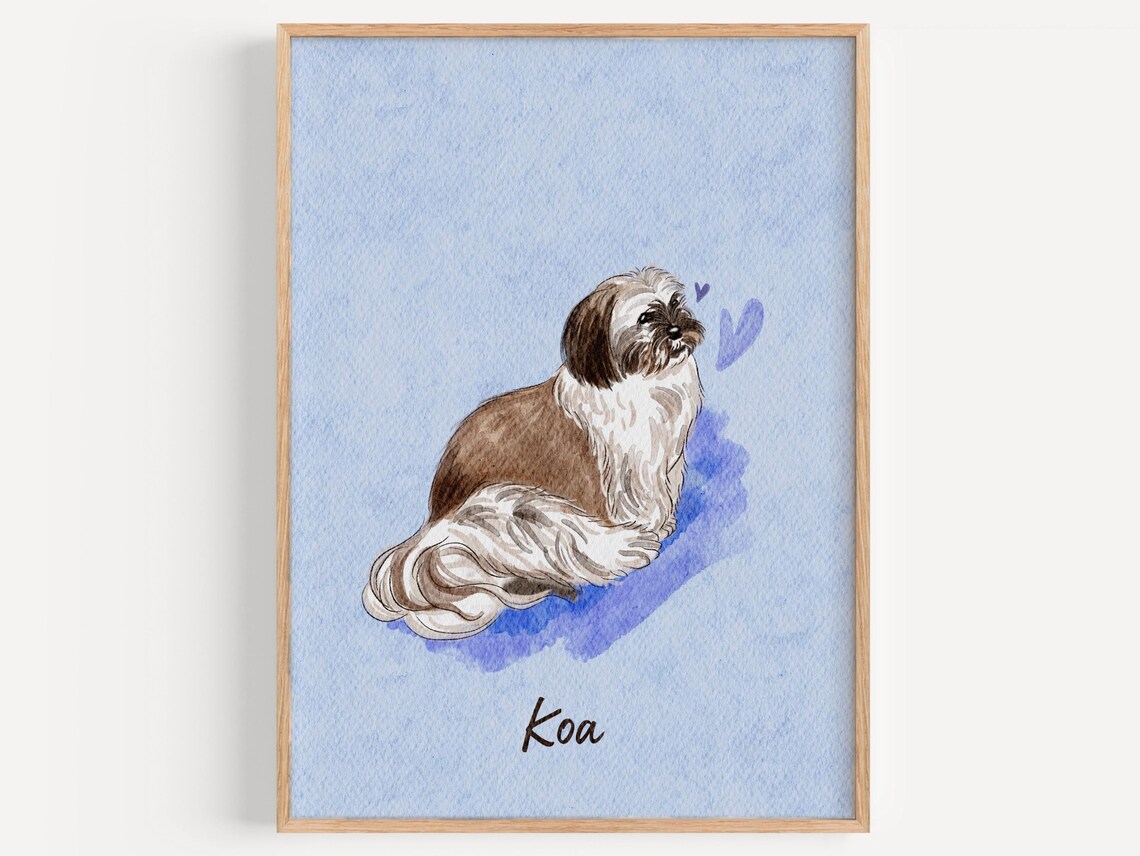 Koa the Shih Tzu Watercolor Custom Pet Portrait Small Dog Blue Wall Art