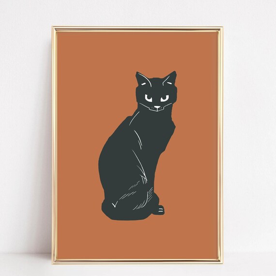 Black Cat Burnt Orange Vintage Illustration Retro Halloween Poster