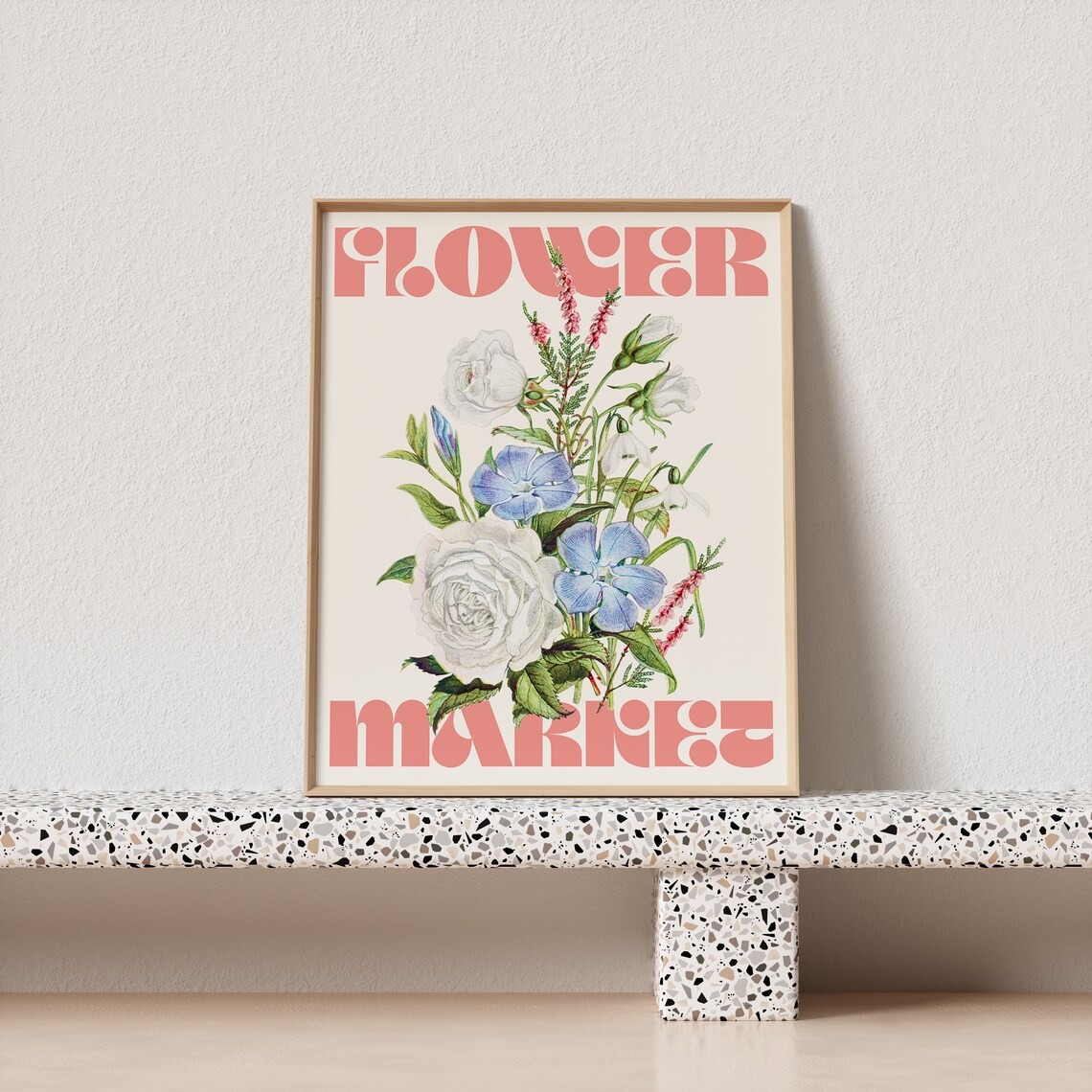Flower Market Coral Retro Botanical Wildflower Bouquet Poster - Image 2