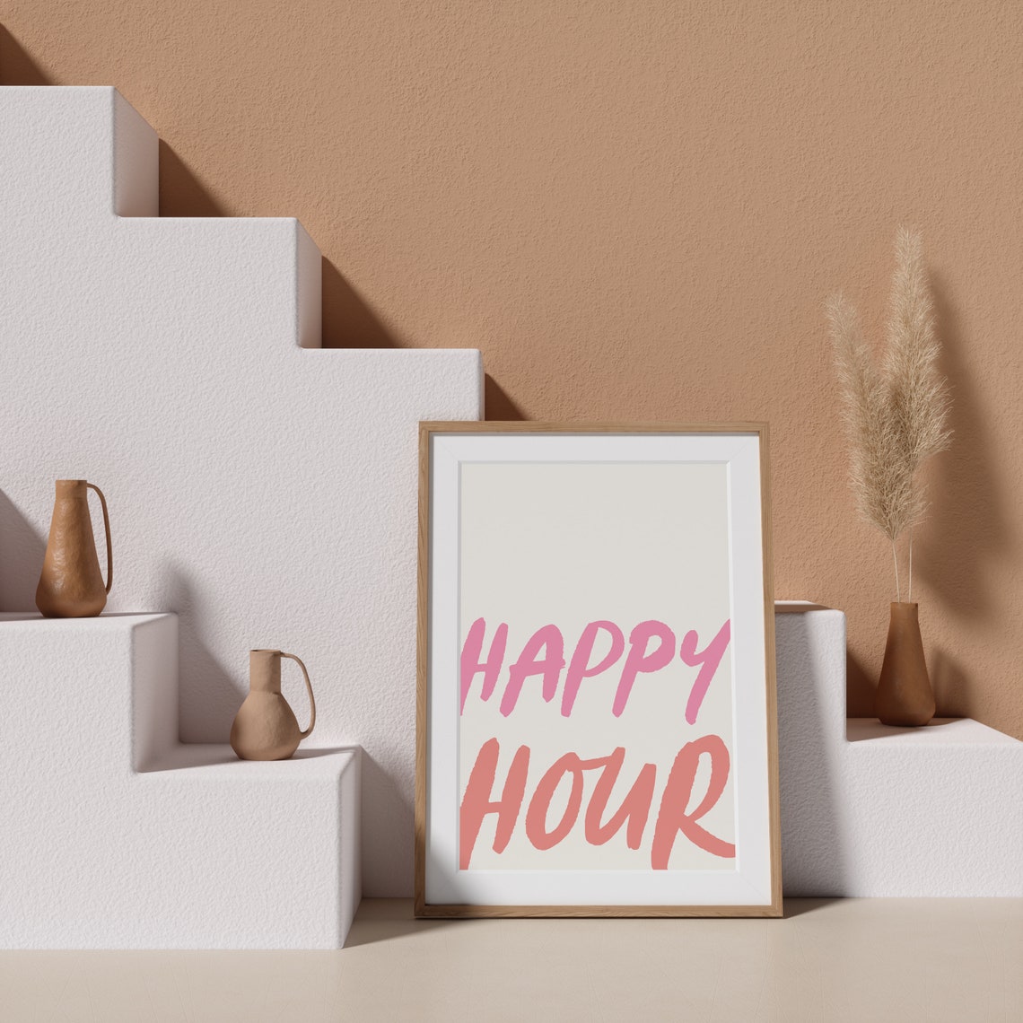 Happy Hour Pink Brush Lettering Minimal Bar Quote Poster Decor - Image 2