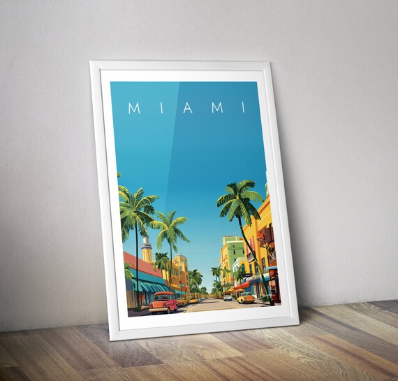 Miami Florida Travel Poster Ocean Drive Palms Art Deco Retro USA City View