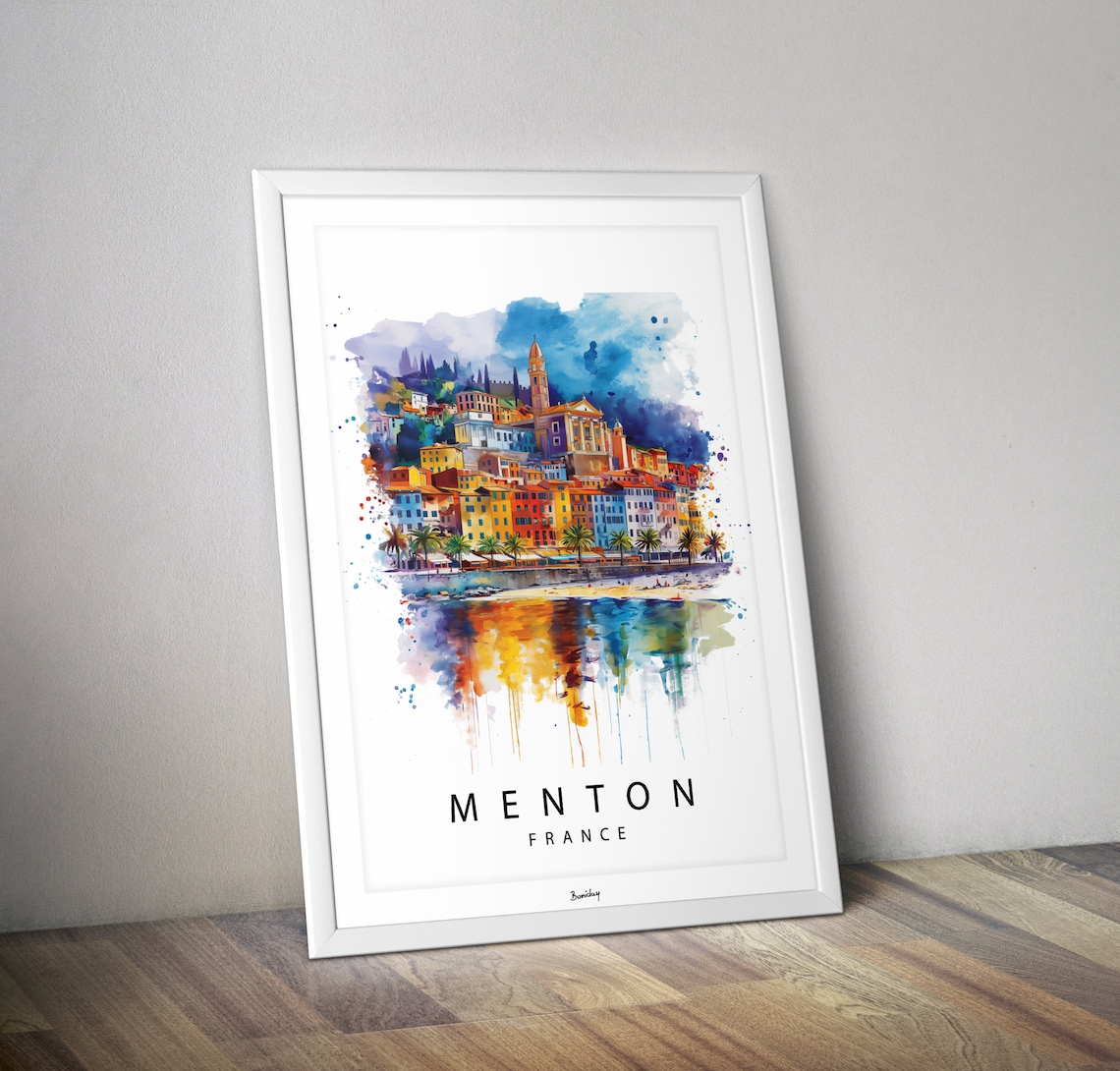 Menton France French Riviera Watercolor Harbor Reflection Art Poster