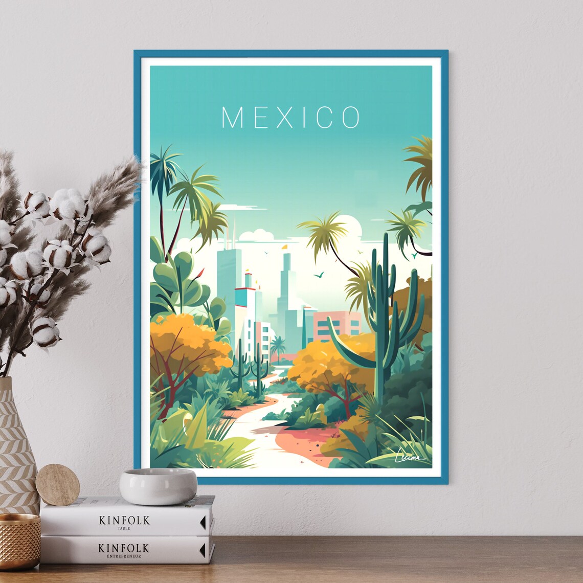 Mexico City Travel Poster With Palms Cacti and Tropical Buildings