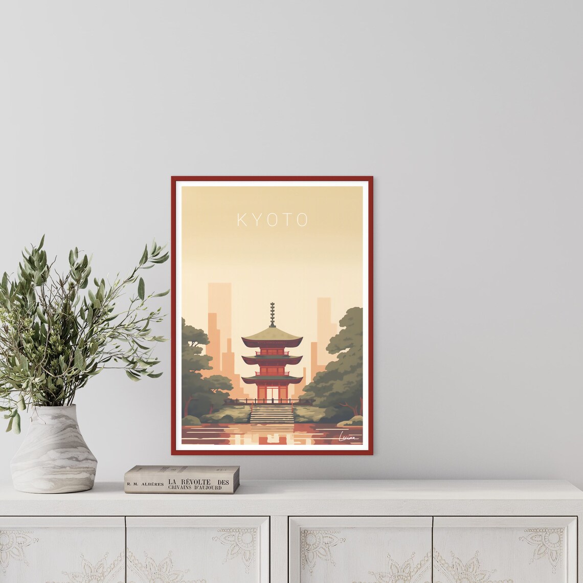 Kyoto Japan Red Pagoda Temple by the Serene Lake Travel Poster