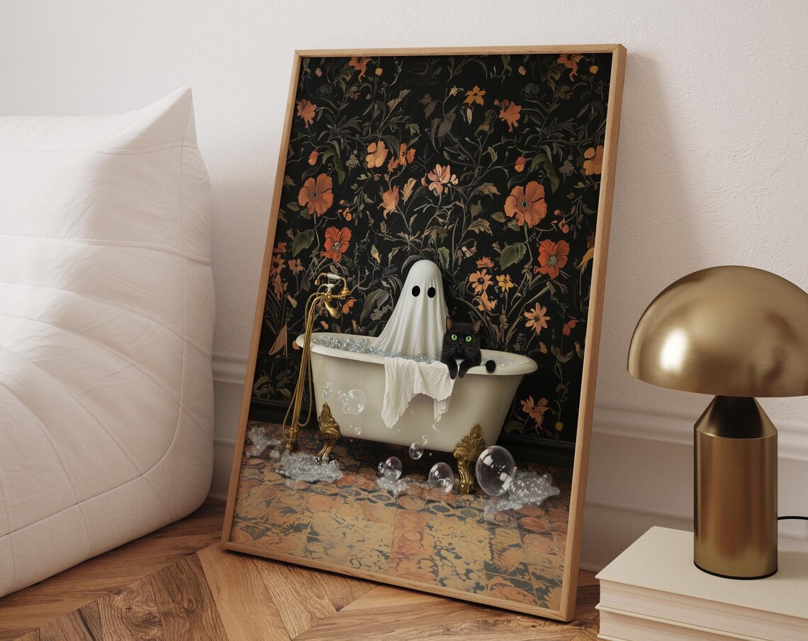 Cat Bathtub Whimsical Gothic Bathroom Art Print