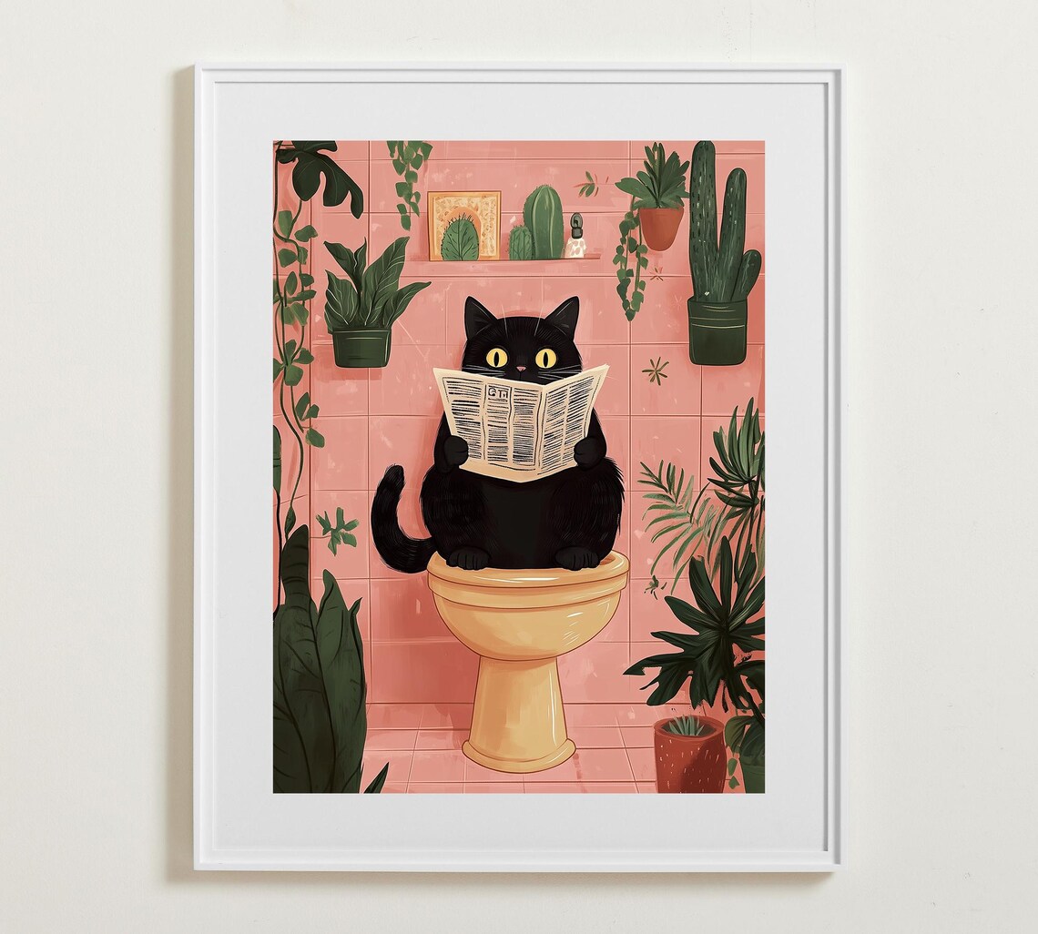 Funny Black Cat Reading Newspaper on Toilet in Pink Bathroom Poster