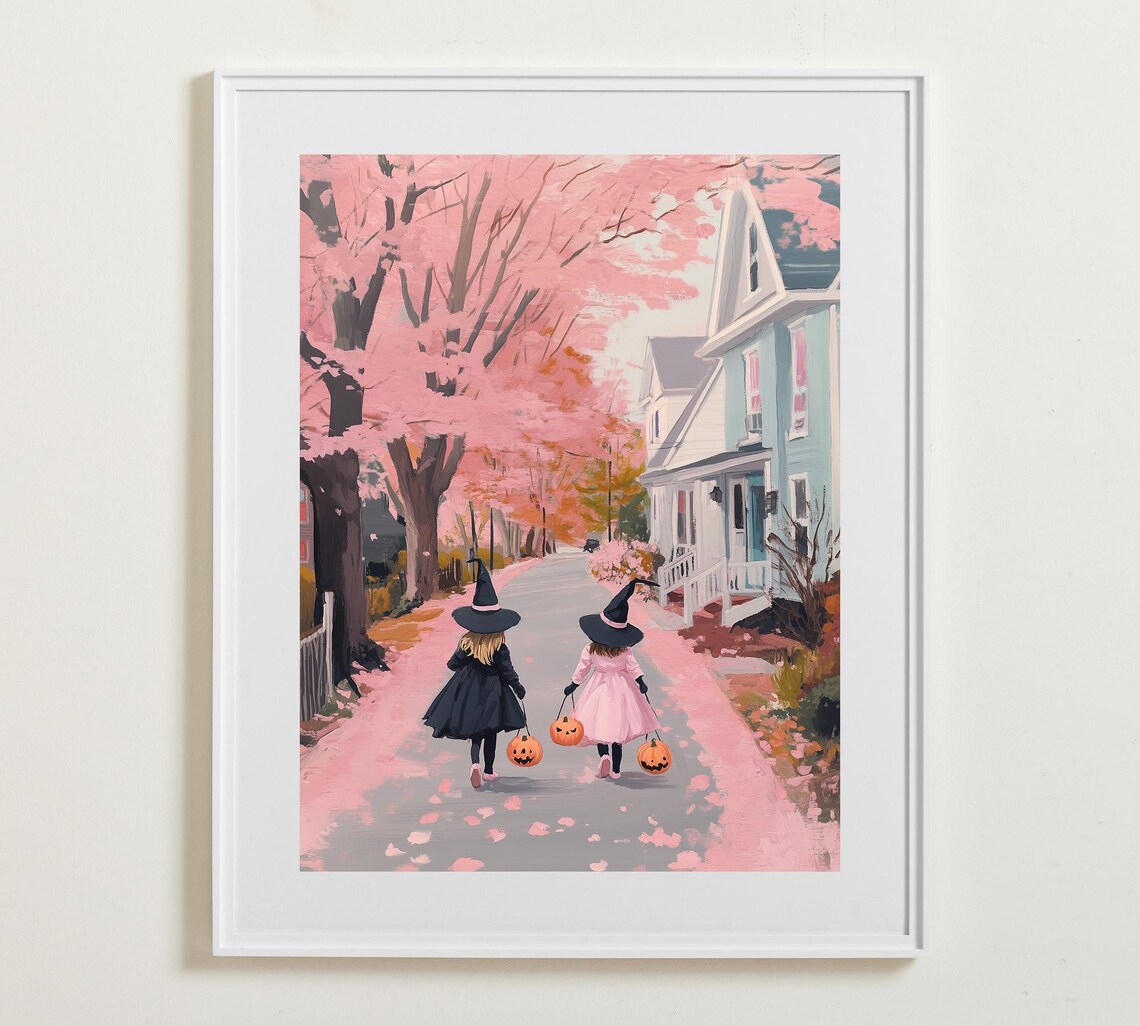 Pink Fall Street With Two Little Girl Witches Trick Or Treat Poster