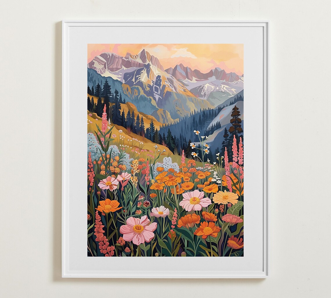 Wildflower Meadow In Front Of Snow Capped Mountain Peaks Poster