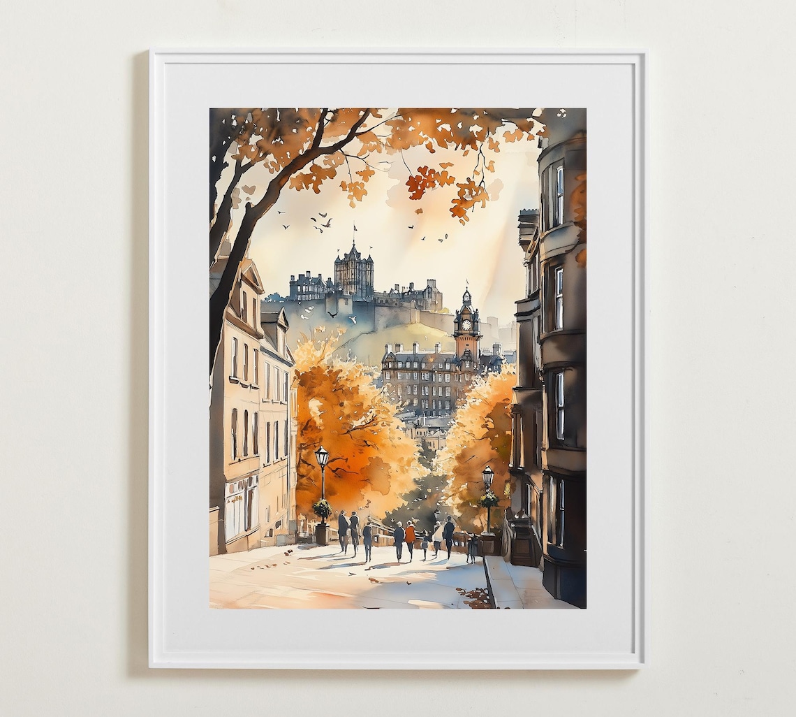Edinburgh Castle Scotland Autumn Street Watercolor Cityscape Poster