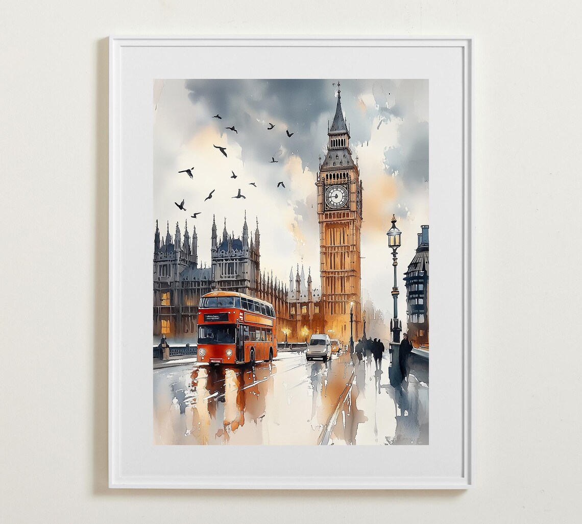 London Big Ben and Red Double Decker Bus in Rain Watercolor Poster
