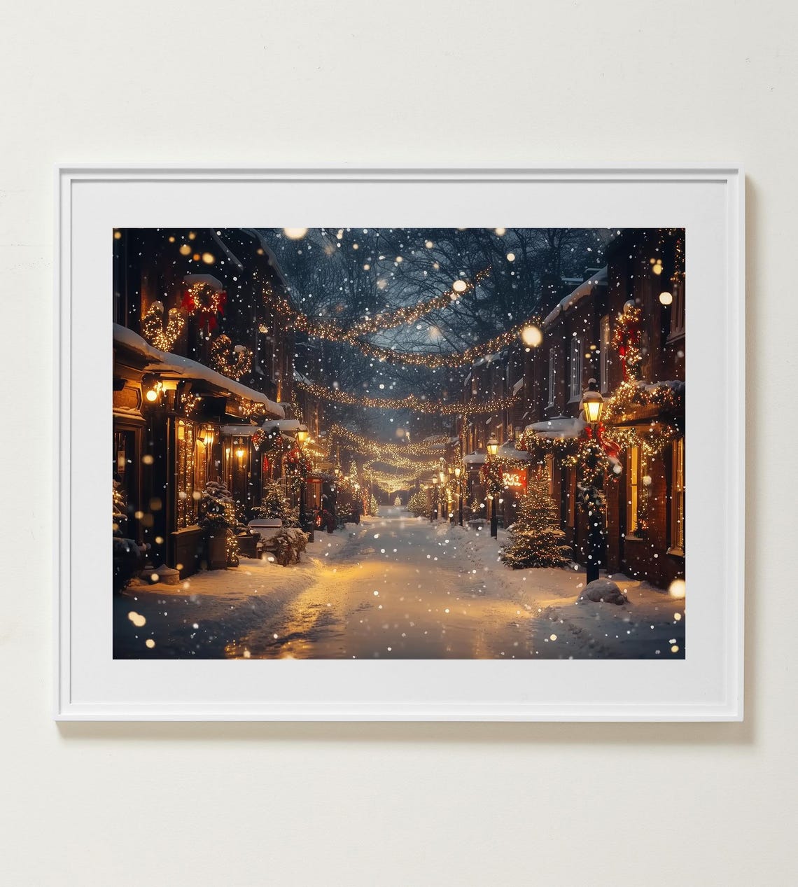 Snowy Old Town Street with Glowing String Lights at Night Poster