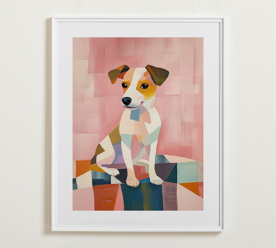 Geometric Puppy Portrait Colorful Patchwork Dog Pink Modern Pet Wall Poster