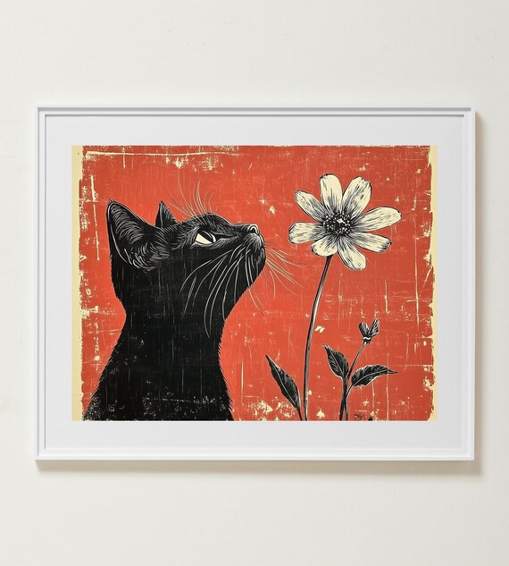 Black Cat Sniffing A White Daisy Retro Red Linocut Art Poster