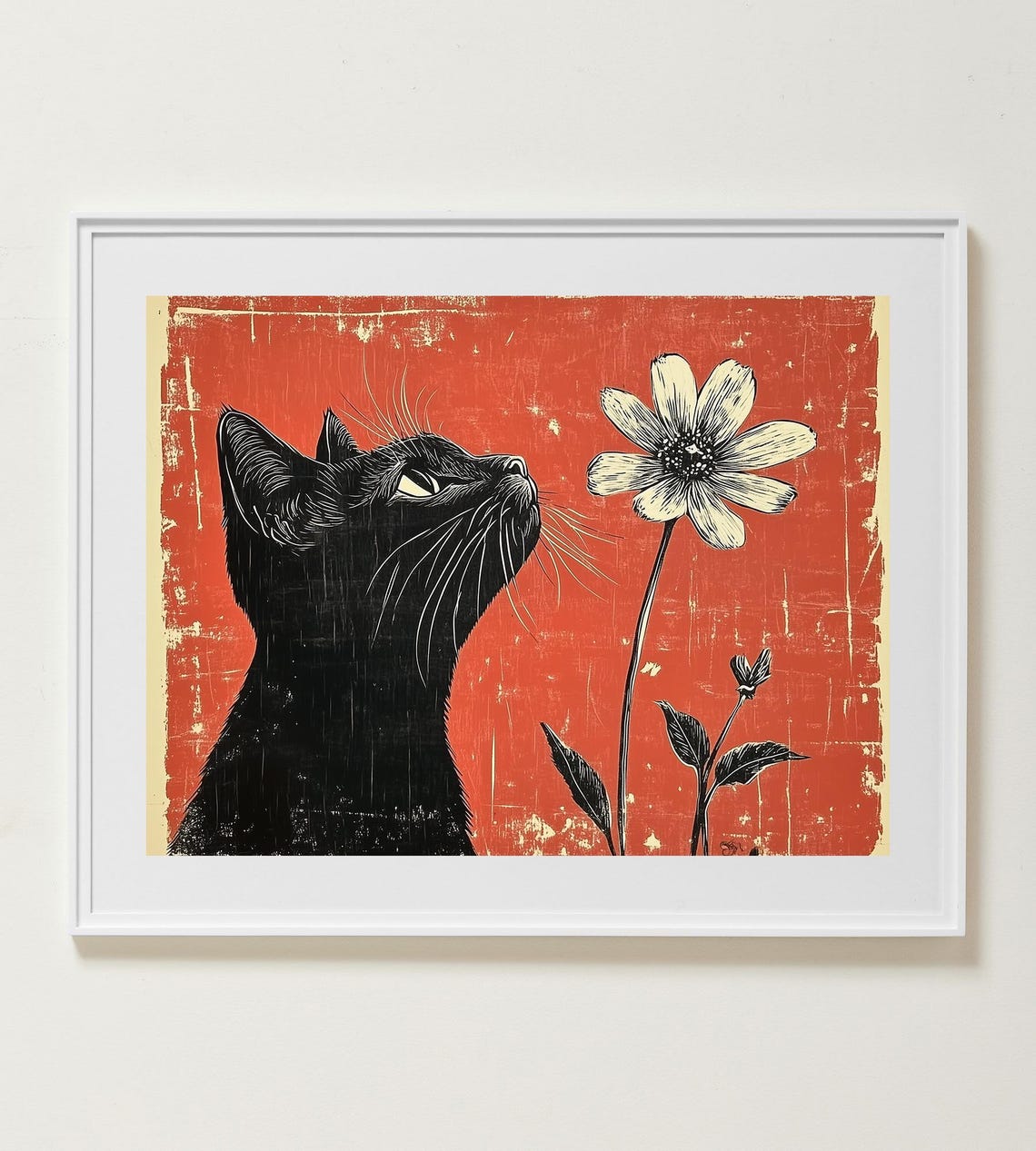 Black Cat Sniffing A White Daisy Retro Red Linocut Art Poster