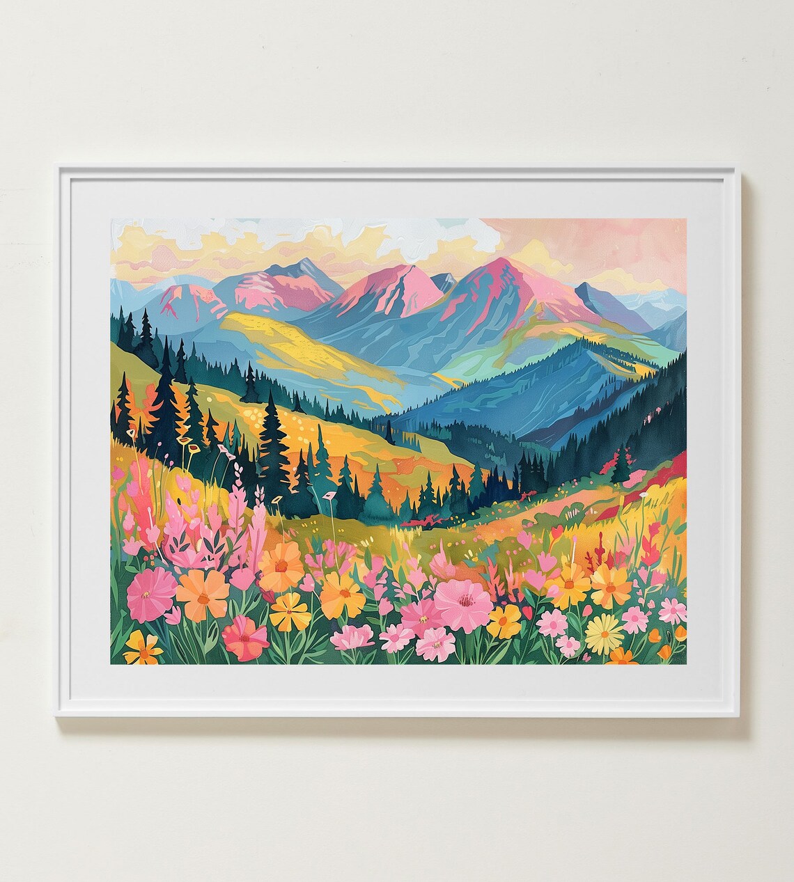 Colorful Wildflower Meadow with Pink Mountain Peaks Painting Poster