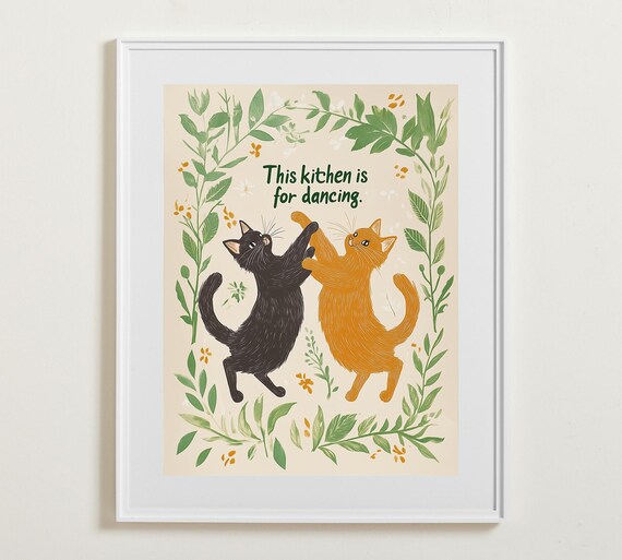 This Kitchen Is For Dancing Two Cats Folk Art Kitchen Poster