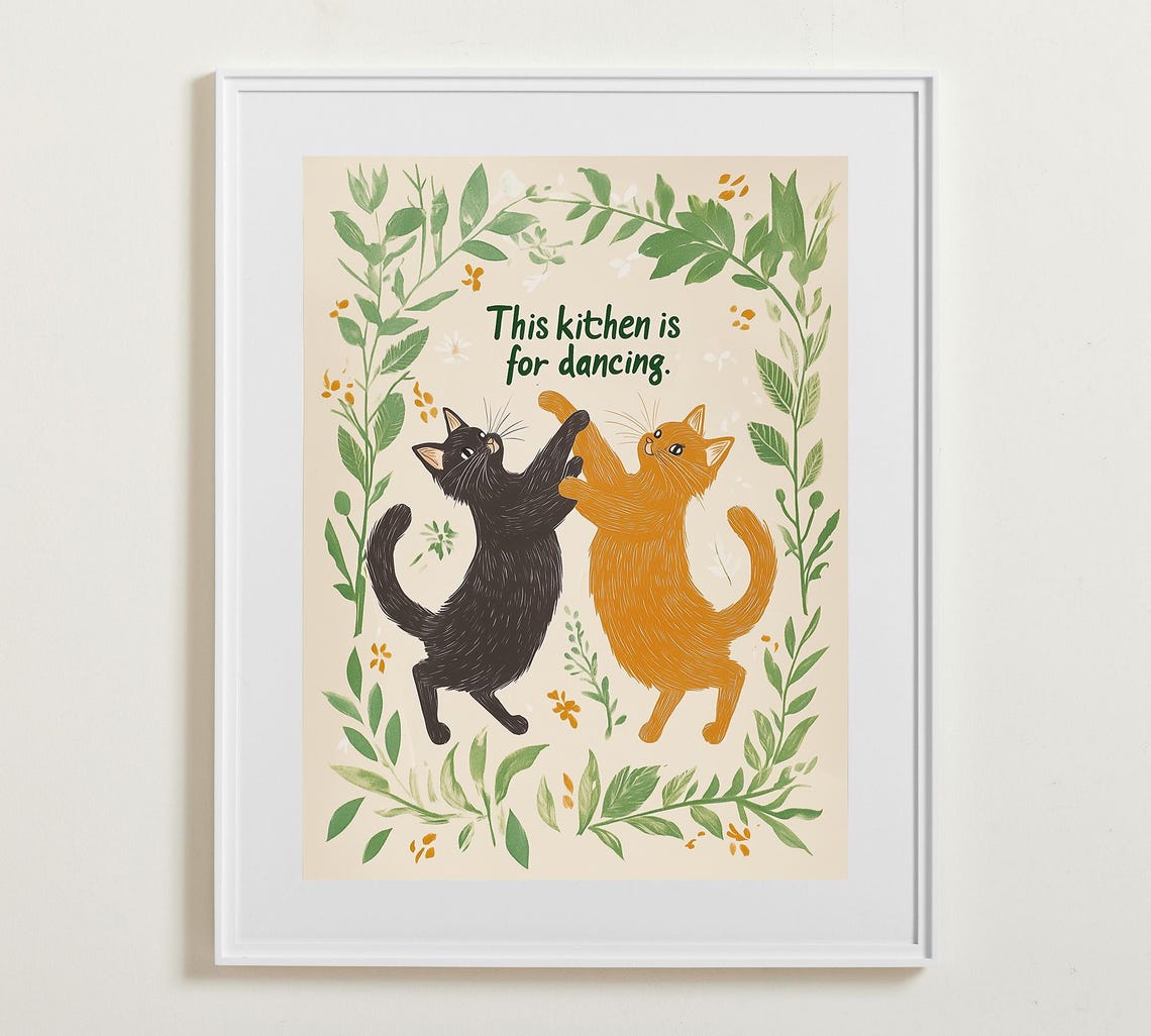 This Kitchen Is For Dancing Two Cats Folk Art Kitchen Poster