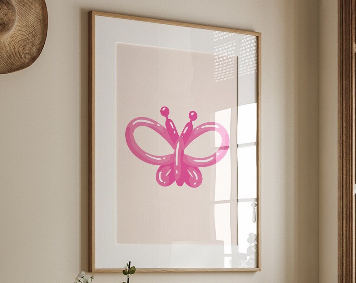 Pink Balloon Animal Butterfly Minimalist Boho Style Modern Wall Art