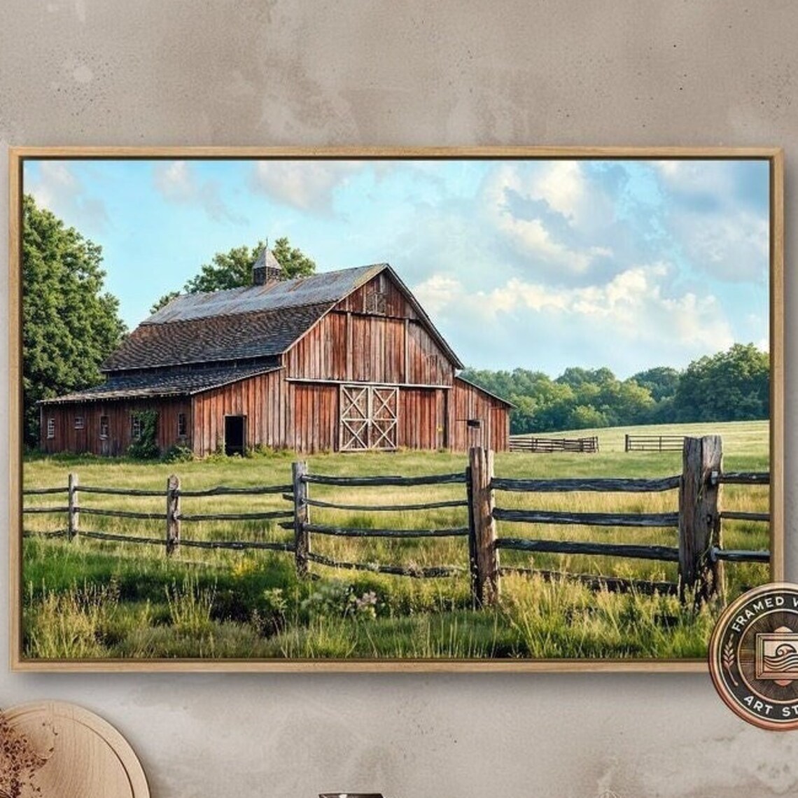 Rustic Farm Behind Fence, Panoramic Landscape Art Print