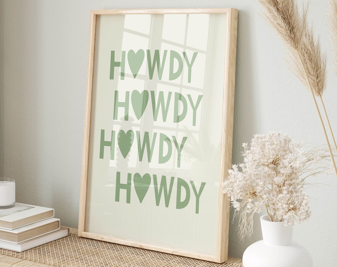 Howdy Heart Western Sage Green Trendy Typography Wall Poster