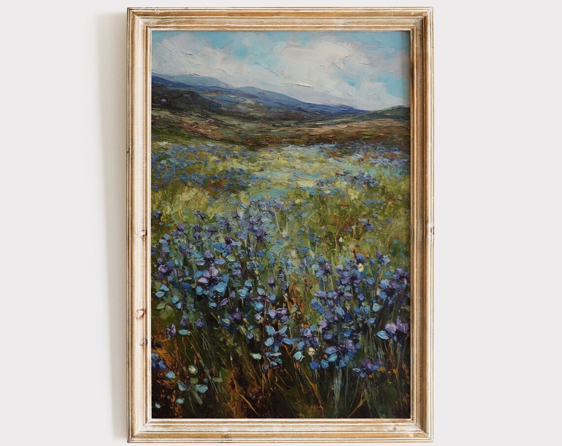 Blue Wild Flower Field, Rustic Farmhouse Art Print