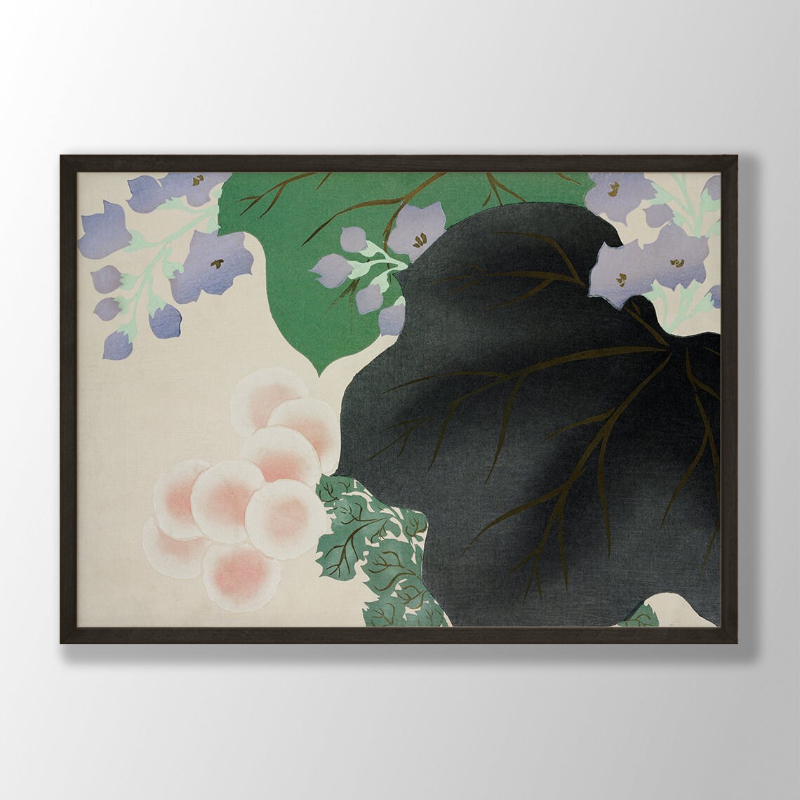 White Blossoms and Purple Bellflowers Japanese Floral Woodblock Poster