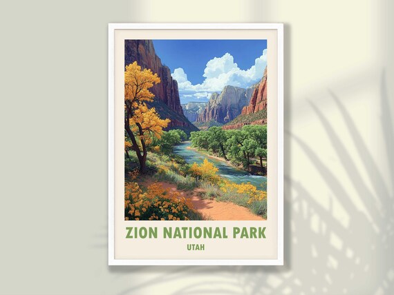 Zion National Park Utah Red Cliffs River Autumn Trees Canyon Travel Poster
