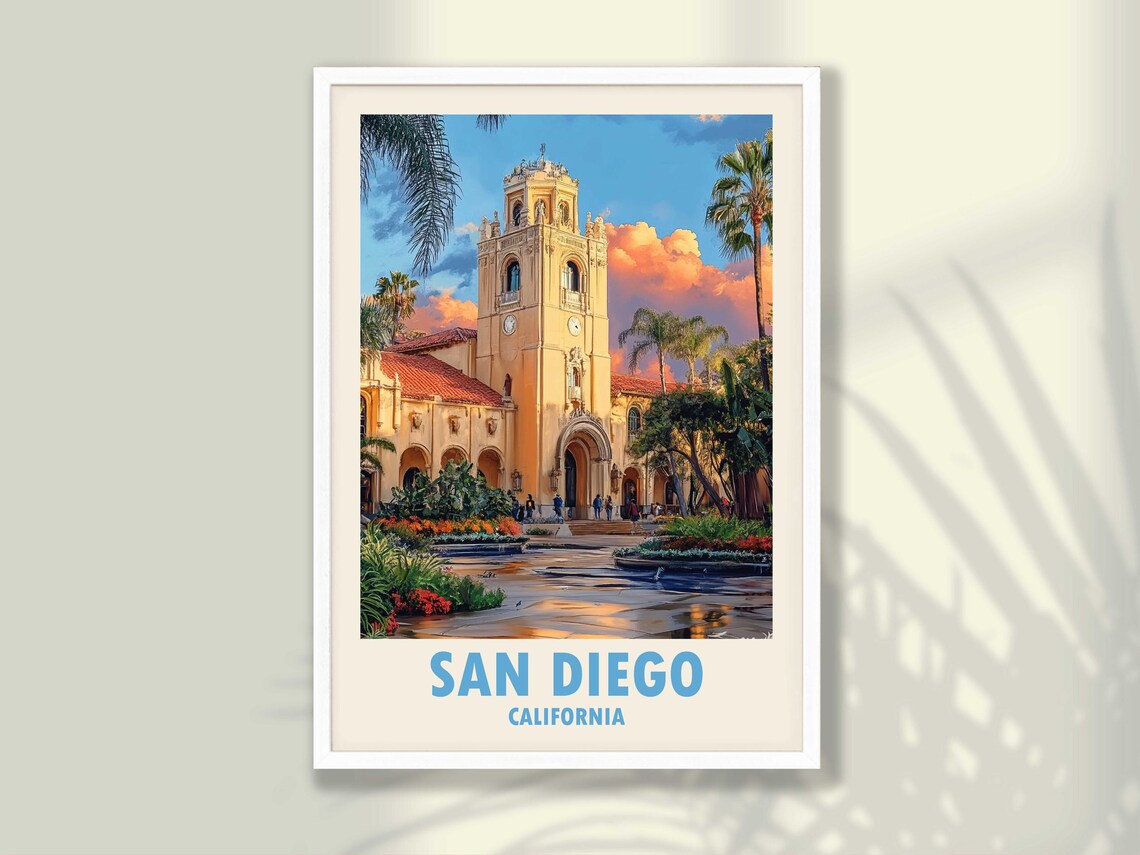San Diego California Spanish Tower Palms Sunset Gardens Travel Poster