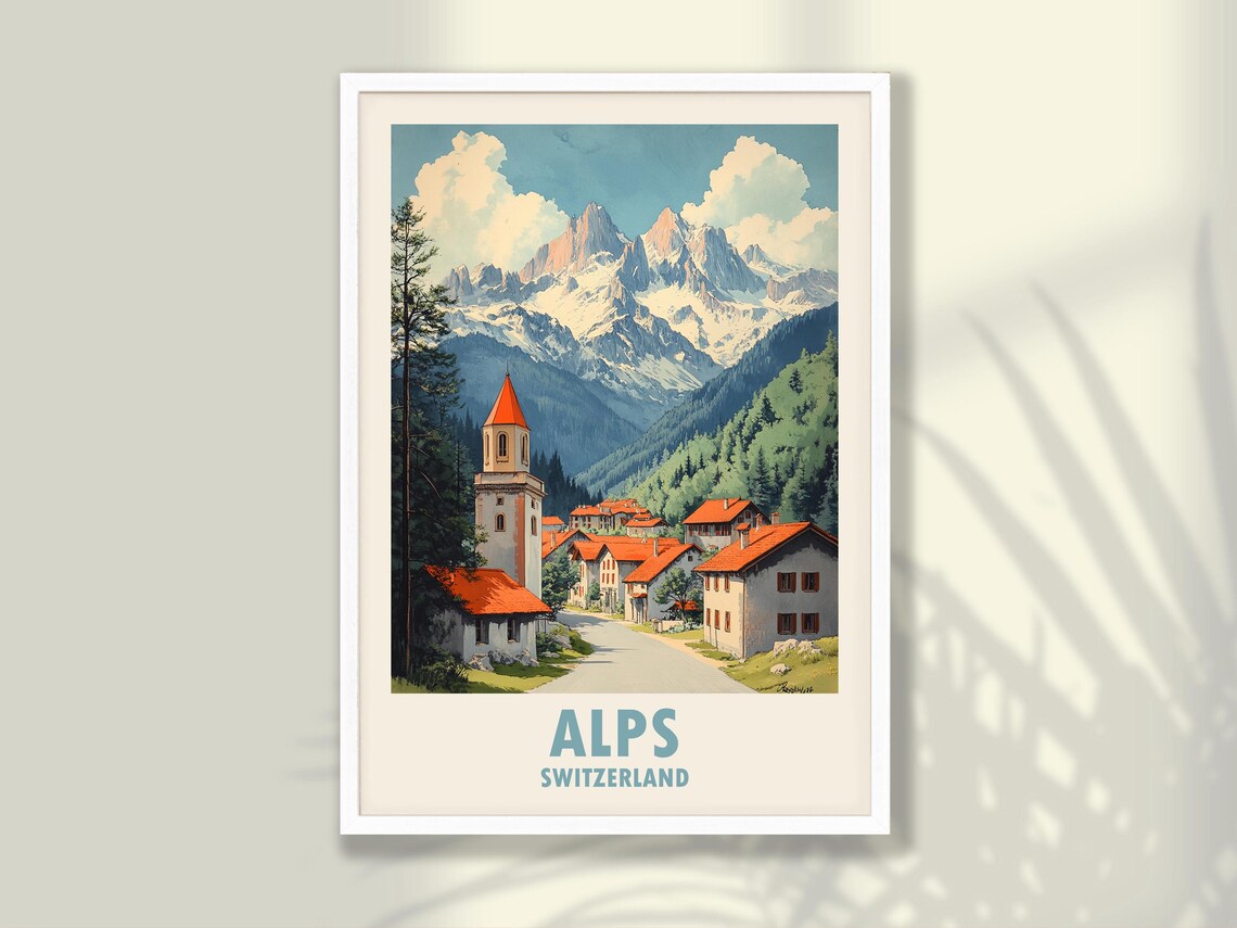 Alps Switzerland Alpine Village Church Snowy Peaks Travel Poster