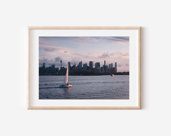 Sunset Over Sydney Harbour With Sailboat City Skyline Landscape Photography Print Coastal Wall Art