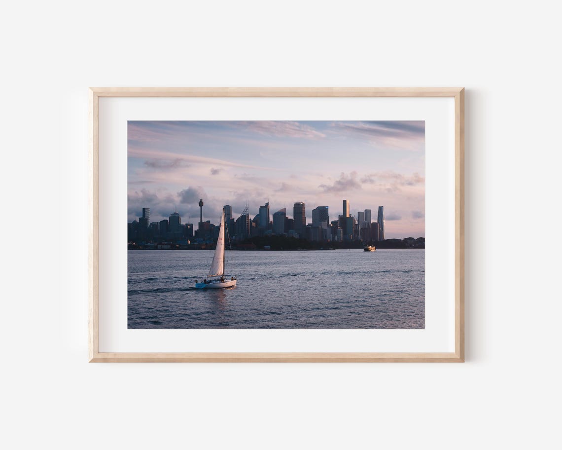 Sailboat Crossing Sydney Harbour At Sunset City Skyline Photo Poster